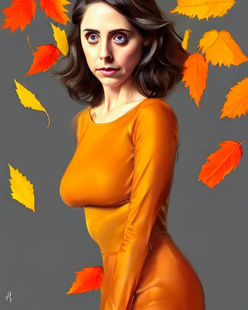 Image similar to gorgeous young Alison Brie, realistic character concept, full body pose, autumn leaves, orange yellow, shorter neck, illustration, symmetrical face and body, realistic eyes, cinematic lighting, detailed realistic symmetrical eyes, artgerm, Joshua Middleton, single face, insanely detailed and intricate, beautiful