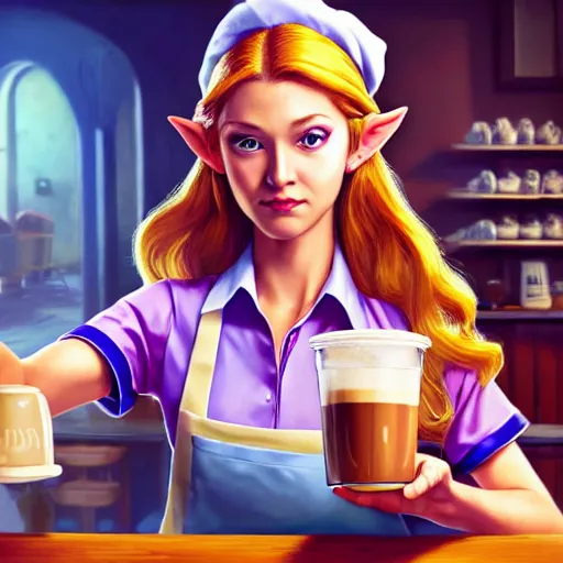 Image similar to Zelda as a cafe waitress pouring coffee into a customer's cup, amazing, beautiful, perfect eyes, full body shot, portrait, vivid colors, elegant, concept art, sharp focus, digital art, Hyper-realistic, 4K, Unreal Engine, Highly Detailed, HD, Dramatic Lighting by Brom, trending on Artstation