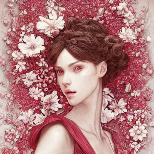 Image similar to the portrait of an absurdly beautiful, graceful, elegant, sophisticated, fashionable woman made of strawberries and white petals looking down, an ultrafine hyperdetailed illustration by kim jung gi, irakli nadar, intricate linework, bright colors, octopath traveler, final fantasy, unreal engine 5 highly rendered, global illumination, radiant light, detailed and intricate environment