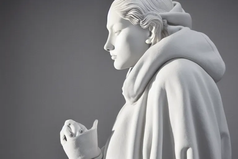 Image similar to well lit fashion shoot portrait of extremely beautiful female marble statue wearing huge over size puffer jacket by dingyun zhang, yeezy, balenciaga, vetements, a cold wall, sharp focus, clear, detailed,, cinematic, detailed, off white, glamourous, symmetrical, vogue, editorial, fashion, magazine shoot, glossy