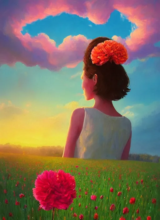 Image similar to woman with a giant carnation as a face, flower field, surreal photography, sunset dramatic light, impressionist painting, colorful clouds, blue sky, digital painting, artstation, simon stalenhag