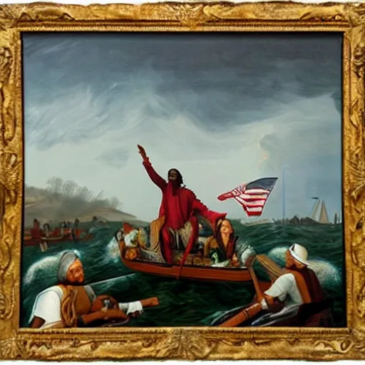 Image similar to Snoop Dogg crossing the Delaware, oil on canvas