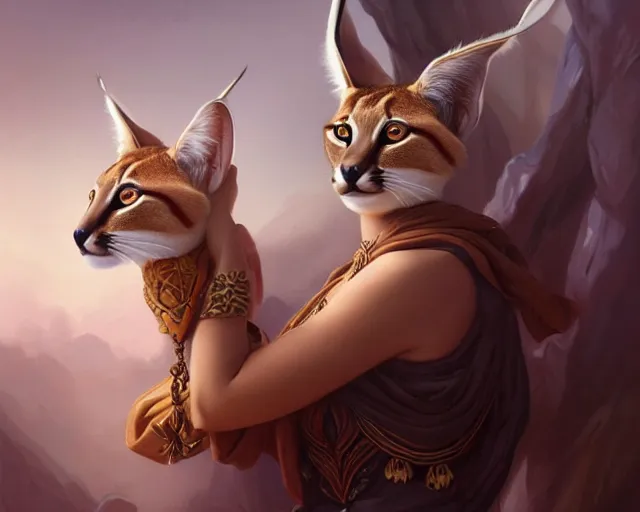 Image similar to a cute caracal wearing laurel wreath and a toga, photography of kurzgesagt, deep focus, d & d, fantasy, intricate, elegant, highly detailed, digital painting, artstation, concept art, matte, sharp focus, illustration, hearthstone, art by artgerm and greg rutkowski and alphonse mucha