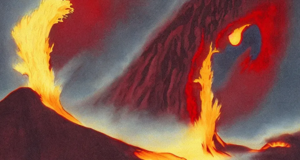Image similar to a volcano made of ivory vines and crimson rocks enters in eruption, it spits a smoke in the shape of demonic eye, by don bluth