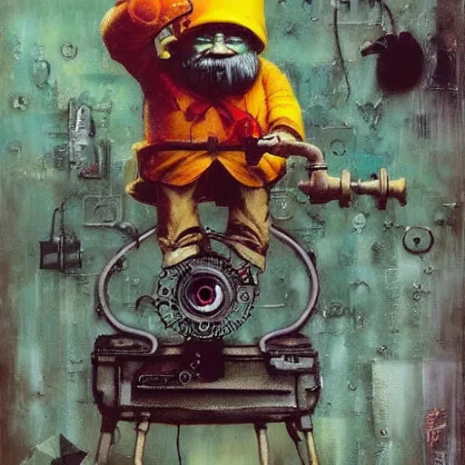 Prompt: Graffiti Spraypaint A gnome gnome riding a steampunk automaton clockwork golem golem by frank frazetta greg rutkowski alberto sughi elina brotherus peter doig robert rauschenberg mark ryden tombow