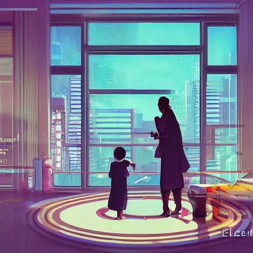 Prompt: (Night City Cyberpunk 2077) This photograph is beautiful because of its harmony of colors and its simple but powerful composition. The artist has created a scene of peaceful domesticity, with a mother and child in the center, surrounded by a few simple objects. The colors are muted and calming, and the overall effect is one of serenity and calm. electric by Ellen Jewett, by Lawrence Alma-Tadema realistic, tired