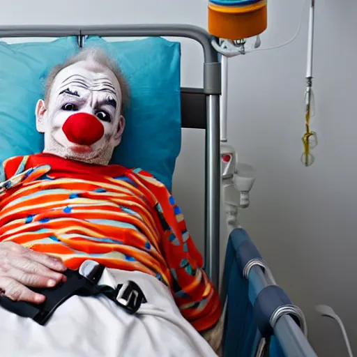 Prompt: crazy elderly clown supine in hospital bed, strapped into bed with restraints, photograph, 8 k