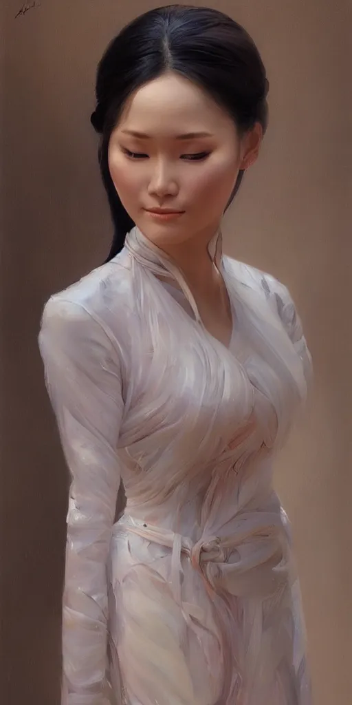 Prompt: yanjun cheng portrait of a beautiful vietnamese woman wearing vietnamese ao dai, intricate, detailed, symmetric face, by wlop and karol bak