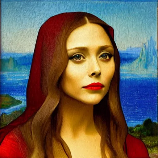 Image similar to An oil painting portrait of Elizabeth Olsen in the style of the Mona Lisa, by Leonardo da Vinci, trending on arstation