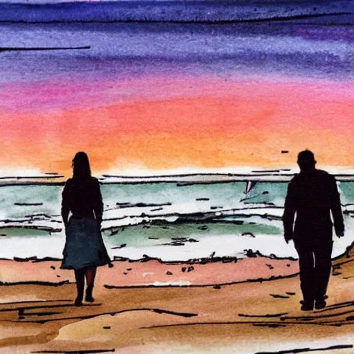 Prompt: man and woman walking along the shore of the beach, sunset, ink and brush