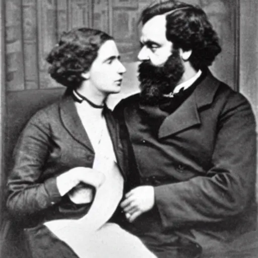 Image similar to Karl Marx and Ayn Rand kissing, portrait, photo, 1920