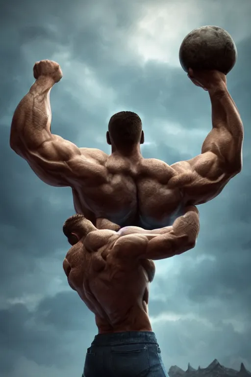Image similar to a muscular man carrying the Earth on his back, big beard, bold, hyperrealistic, concept art, octane render, unreal engine 5, trending on Artstation, high quality, highly detailed, 8K, soft lighting, anatomically correct, five fingers, blue background, geometric, digital art, trending on DeviantArt, matte painting, fantasy style, dramatic lighting, cinematic