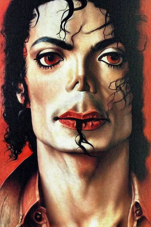 Image similar to a closer personal portrait of michael jackson with very piercing eyes, very charismatic. in the old ancient egypt. masterpiece, dark. painted by norman rockwell and james gurney