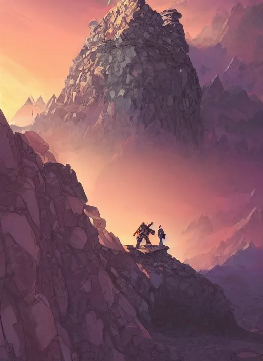 Prompt: comic book art of a [ man ] in trenchcoat in armour crossing a [ old bridge ] above a [ crevasse ] [ mountain in the background ] [ giant gemstones ], a [ glowing temple ] extends into the sky, low angle, artstation illustration, elegant, arcane by tim doyle