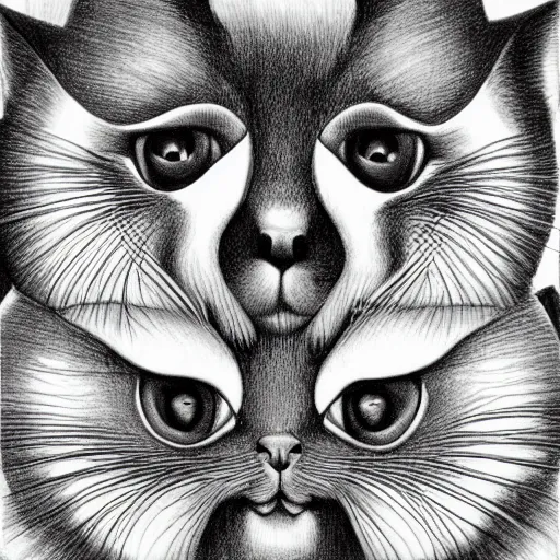 Image similar to drawing realistic stylized cute smiling cats in the style of escher. symmetric. detailed. hd