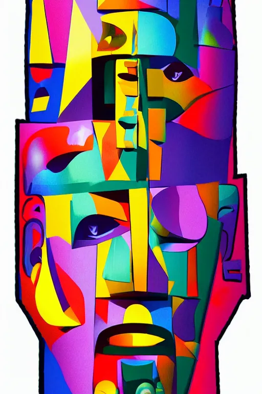 Image similar to cubist moai statue cutout digital illustration cartoon colorful beeple