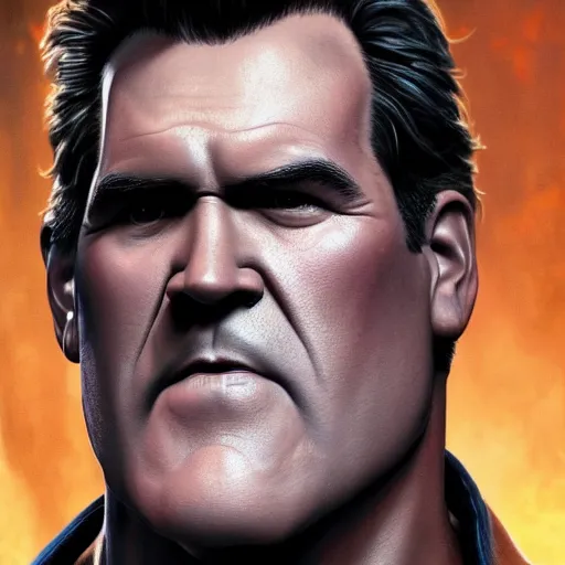 Image similar to a picture of bruce campbell who looks like thanos, portrait, infinity wars, ultra realistic, 4 k, ultra high def