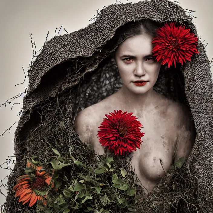 Prompt: a closeup portrait of a woman wearing a hooded cloak made of zinnias and barbed wire, in a derelict house, by Zhang Jingna, natural light, detailed face, CANON Eos C300, ƒ1.8, 35mm, 8K, medium-format print