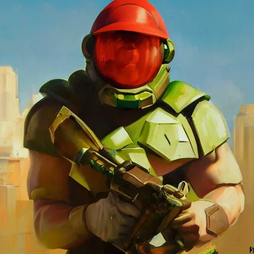 Image similar to greg manchess portrait of mario as doomguy, medium shot, asymmetrical, profile picture, organic painting, sunny day, matte painting, bold shapes, hard edges, street art, trending on artstation, by huang guangjian and gil elvgren and sachin teng