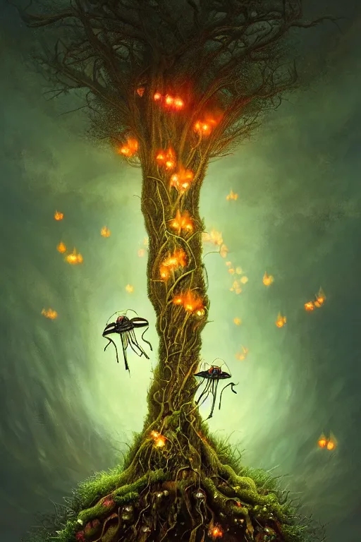 Image similar to a beautiful digital illustration painting of a detailed gothic fantasy fireflies and roots, dark mushroom, flowers by benoit b. mandelbrot, steven belledin, martin johnson heade, lee madgwick, caspar david friedrich, and david rios ferreira. 8 k resolution trending on artstation concept art digital illustration