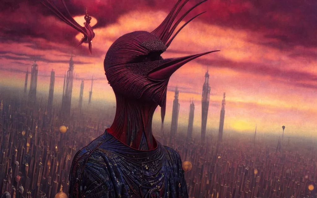 Prompt: realistic detailed portrait movie shot of a birdman wearing dark robes, futuristic city sunset landscape background by denis villeneuve, amano, yves tanguy, alphonse mucha, ernst haeckel, max ernst, roger dean, rich moody colours