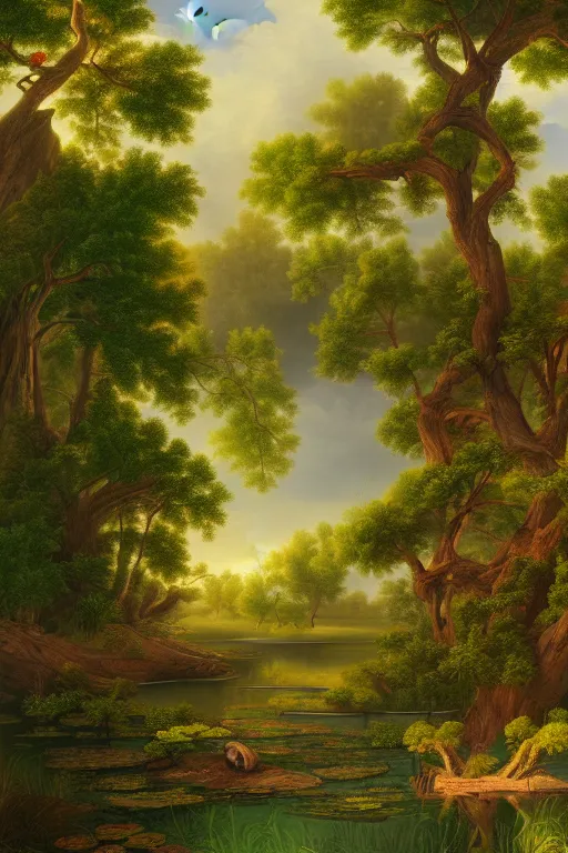 Image similar to forest with twisting fantasy tress and pond with birds, Digital Matte Illustration by asher brown durand