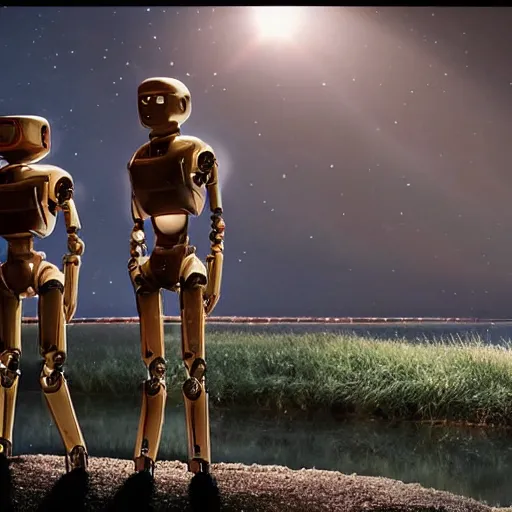 Image similar to Beautiful cinematic scene of a couple of two damaged and broken humanoid robots standing near a river, at night, peaceful, science fiction, cinematic lighting, insanely detailed, directed by Denis Villeneuve and Wes Anderson, filmic