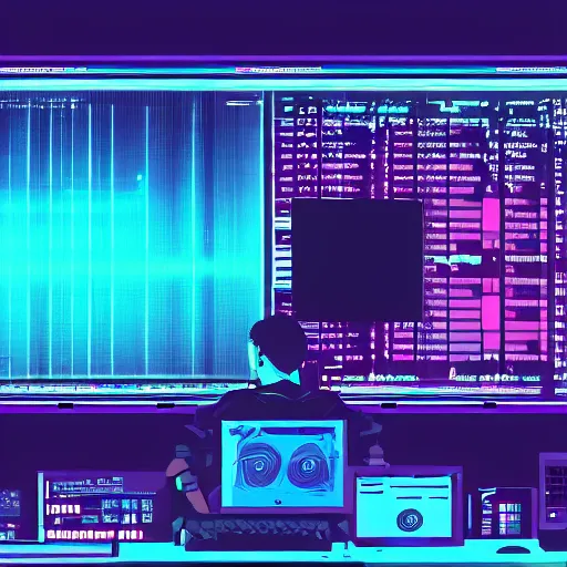 Image similar to hacker coding in front of a dozen screens, synthwave, concept art, digital illustration, highly detailed, 8 k wallpaper