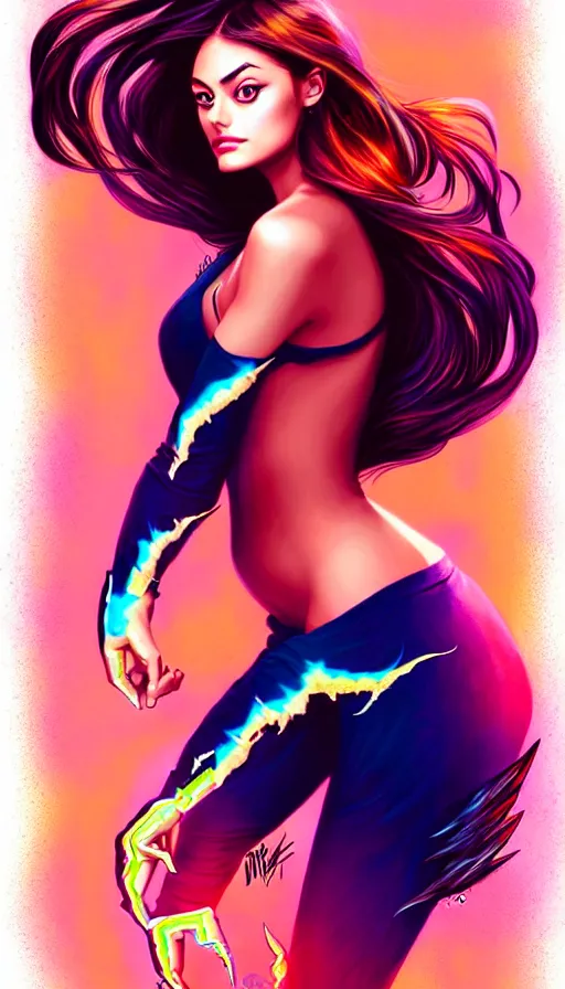 Image similar to in the style of artgerm, girl drinks monster energy, phoebe tonkin, hair blowing, full body, intricate filagree, no hands showing, warm colors, cool offset colors