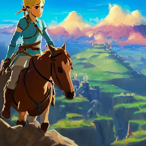 Image similar to oil painting of zelda breath of the wild, mountain in the background. beautiful, rpg, dnd, artgerm, disney, pixar