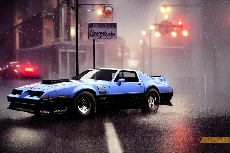 Image similar to hyperdetailed, photorealistic photograph of a 1 9 8 2 pontiac firebird trans - am drifting in the streets, rain, night, dense fog, hd, unreal engine 5 by greg rutowski, by stanley artgerm, by alphonse mucha