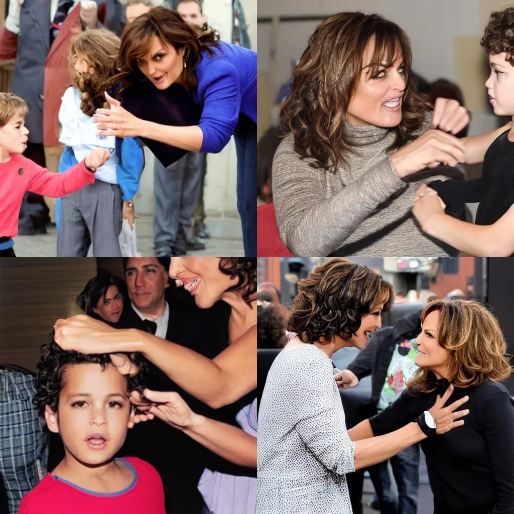 Prompt: mariska hargitay slapping a young boy with curly brown hair