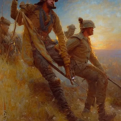 Prompt: Gaston Bussiere painting of tired and battered soldiers looking up and observing the first rays of sunlight during dawnbreak, dramatic painting, dark, scary, hopeful, detailed, trending on artstation, photorealistic painting