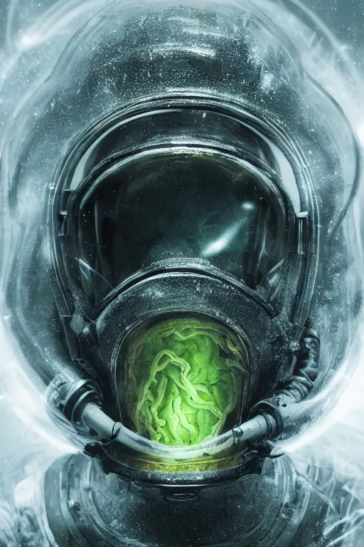 Prompt: extremely detailed studio portrait of space astronaut, alien tentacle protruding from eyes and mouth, slimy tentacle breaking through helmet visor, shattered visor, full body, soft light, disturbing, shocking realization, award winning photo by michal karcz and yoshitaka amano
