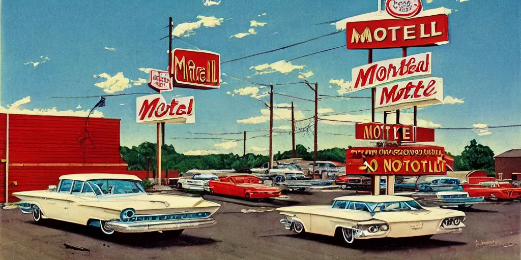 Image similar to 1 9 6 0 s americana painting of a motel and motel sign with cars parked outside by norman rockwell