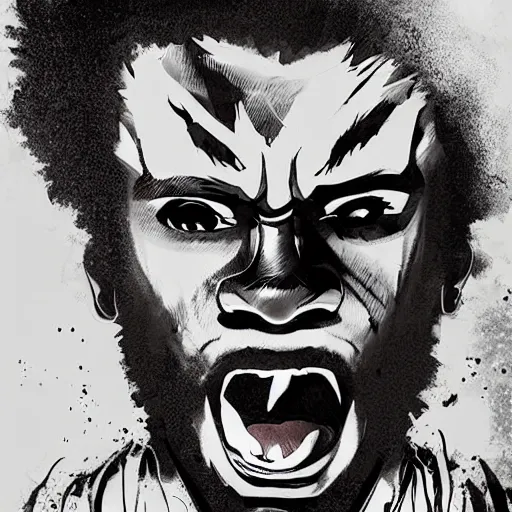 Prompt: creative illustration photo realistic intense lighting afro samurai portrait