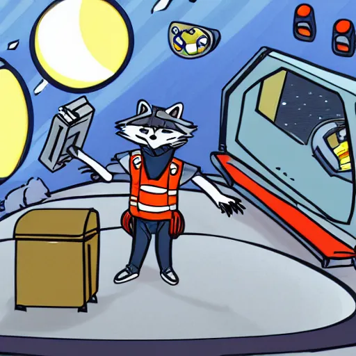 Prompt: a raccoon janitor messing with the controls on a spaceship, fantasy illustration cartoon