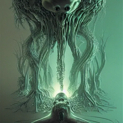 Image similar to iconic hybrid infected mushroom alien, album hyper detailed art style by Zdiszlaw Beksinski and Toshihiro Egawa and H.R. Giger and Artstation trending 8k