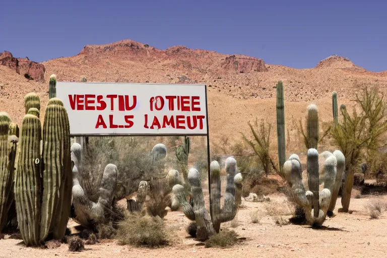 Image similar to photo of a hotel in a desert with alot of cactus with a sign of warning, 4k