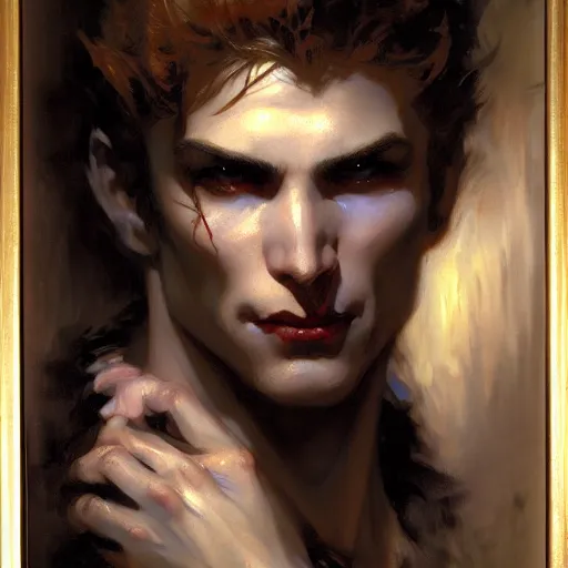 Image similar to attractive twenty first century male vampire beautiful eyes. highly detailed painting by gaston bussiere, craig mullins, j. c. leyendecker 8 k