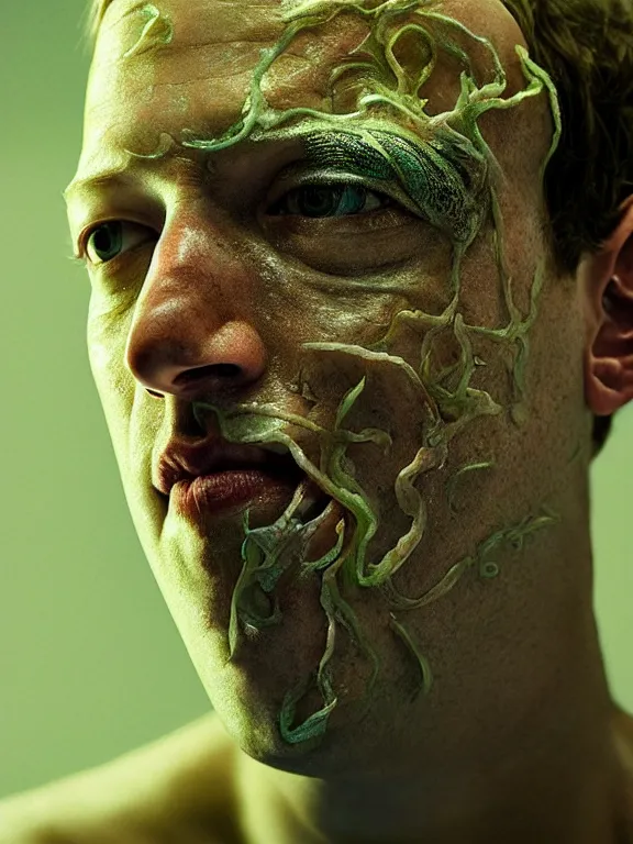 Image similar to portrait of a mark zuckerberg, skin peeling to reveal green! scales!, forked snake tongue sticking out, art by ryo shiotani and greg rutkowski, intricate, beautiful, portrait photography cinematic lighting, vintage art by serge ivanoff, high resolution, very detailed