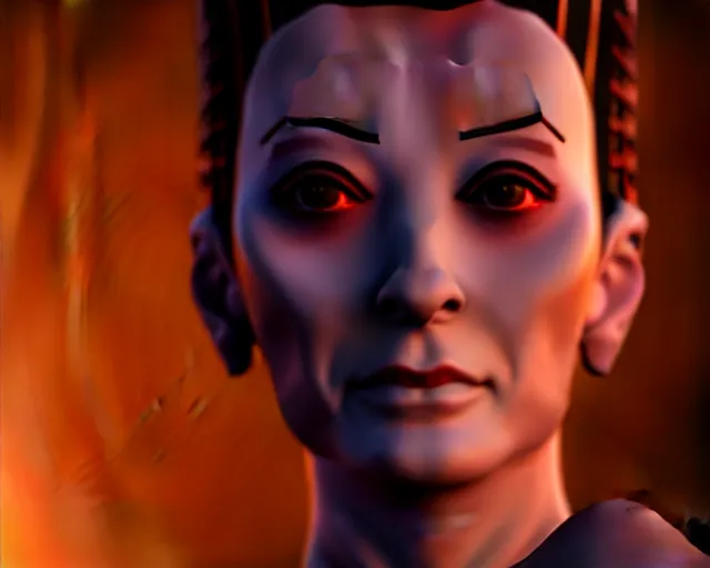 Image similar to young bajoran kira nerys from star trek deep space 9, three quarter shot, medium shot, f 1. 4, 3 5 mm, unreal engine