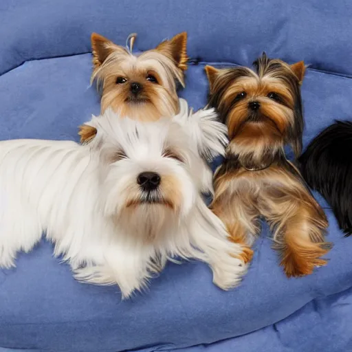Prompt: yorkshire terrier and white maltese dogs sleeping on a blue bed