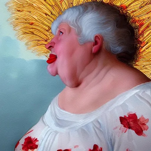 Prompt: a very funny stylize oil painting in renaissance style of a sweet fat old woman kissing her reflection. symmetry face, red mouth, blue eyes. flowery dress. hyper realistic scene. 3 d, octane render, deep focus, white scene. very funny and sweet image. unreal engine. watercolor. fellini style. pencil drawing style.