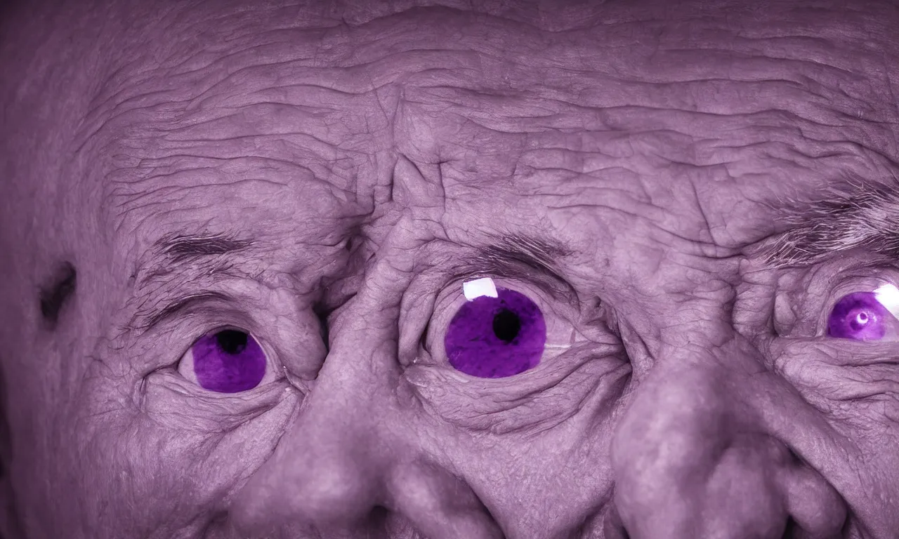 Image similar to a photo of an old man drowning in purple light looking sad with a zoomed in fish eye lens, photorealistic, 4 k, 8 k, ultra hd.