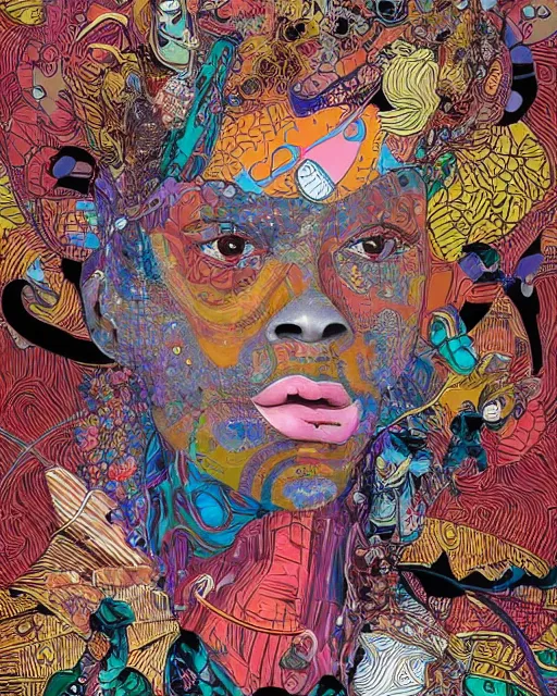 Prompt: 🦸🏾♀👩🏿🦳 face, bizarre, chaotic, vivid, hyper detailed, digital art, in the style of james jean, victo ngai, e. a. seguy patterns, experimental abstract art, dadaist, avant - garde, mixed media collage, bizarre, vibrant, psycho, warm colors