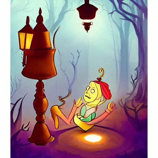 Image similar to a genie’s lamp surrounded by forest, fantasy illustration