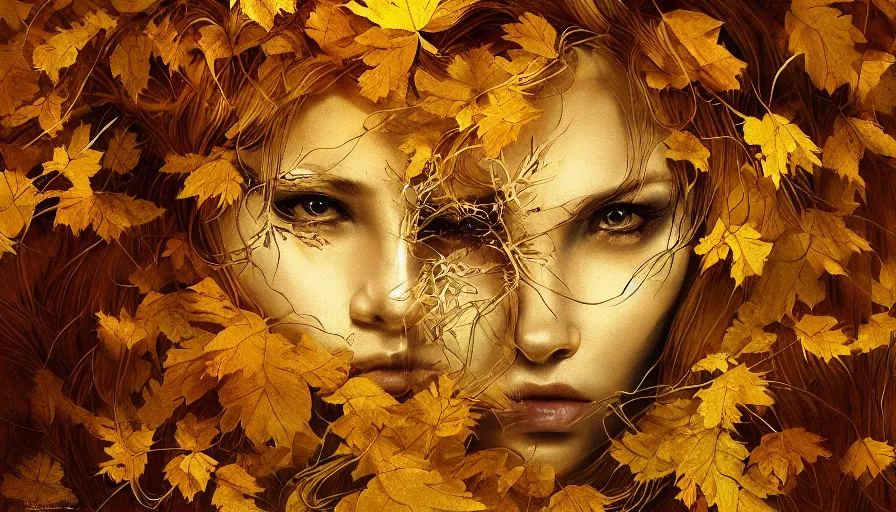 Image similar to golden leaves at frame border, creative!!! composition for a book cover!!!, absurdly beautiful, ultrafine hyperrealistic detailed animal face by wlop and artgerm and greg rutkowski, intricate linework, sharp focus, smooth, octopath traveler, final fantasy, unreal engine, dramatic lighting, ethereal, 8 k