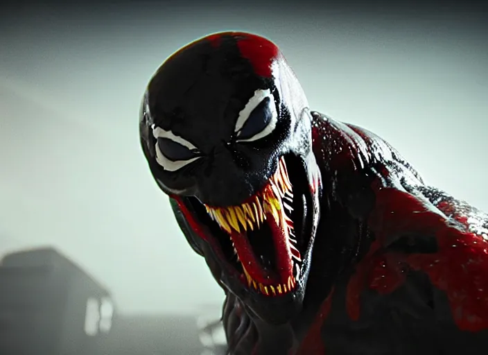 Prompt: venom fused with deadshot yellow eye white teeth, ultra realistic 4 k unreal engine very cinematic render with ray tracing bloom ambient occlusion strong reflections depth of field fog