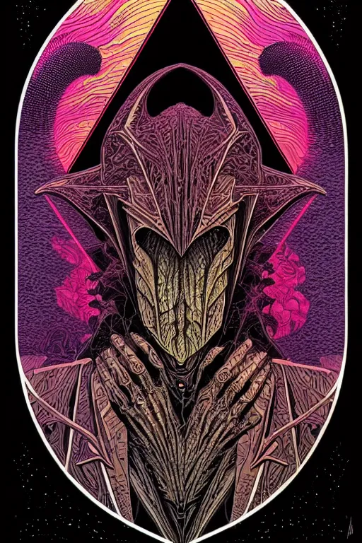 Prompt: portrait of black and psychedelic grainshading print by dan mumford, moebius, goblinko, richard corben, wayne barlowe, heavy metal comic cover art, psychedelic triangular skeleton, very intricate, thick outline, full body, symmetrical face, long black crown, in a shapes background, galactic dark colors